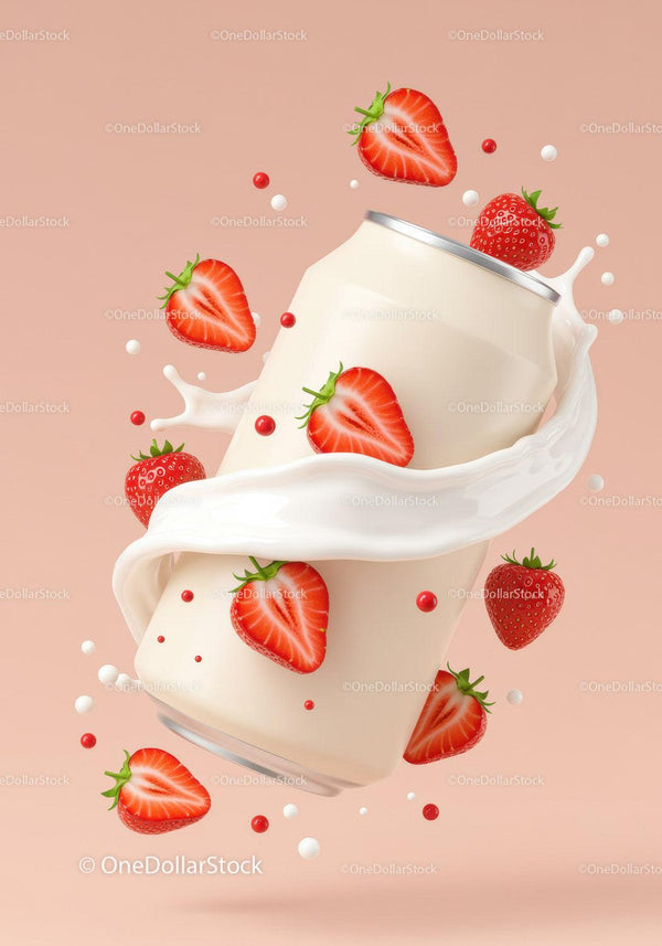 Refreshing Strawberry Drink Can with Splashing Milk JPG Mockup Image