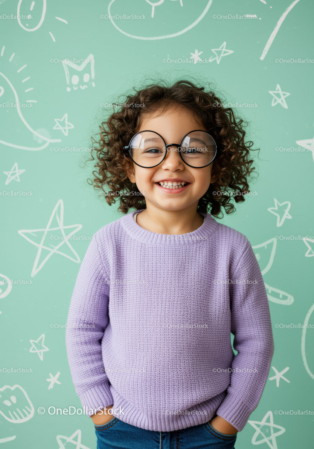 Smiling child with curly hair and large glasses indoors