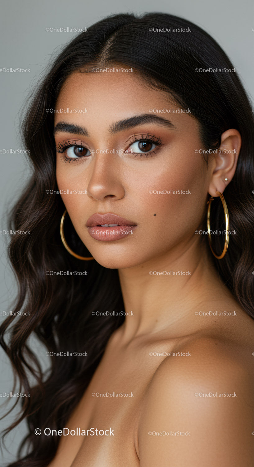 Stunning Woman with Wavy Dark Hair and Brown Eyes for Beauty Campaigns