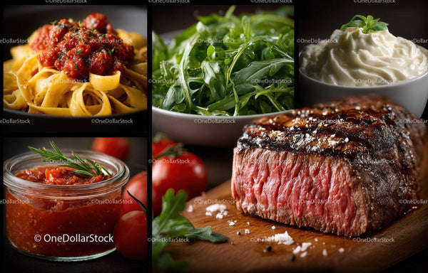 Fresh Spinach, Juicy Steak and Tomato Sauce in Elegant Food Setting