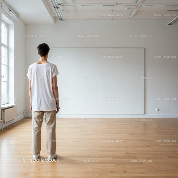 Man standing in empty bright studio with blank wall JPG Mockup Image