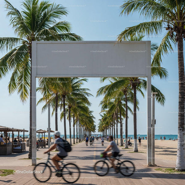 Sunny Beachfront Promenade with Palm Trees and Cyclists JPG Mockup Image