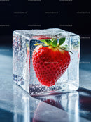 Fresh Strawberry Frozen Inside Clear Ice Cube Closeup