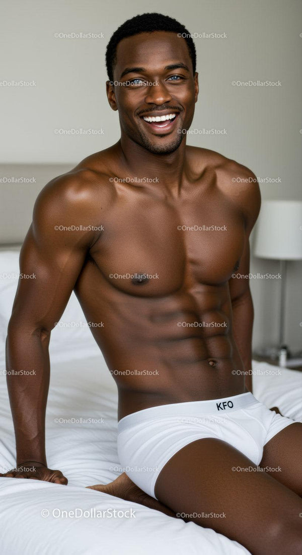 Smiling muscular man relaxing on bed in white underwear