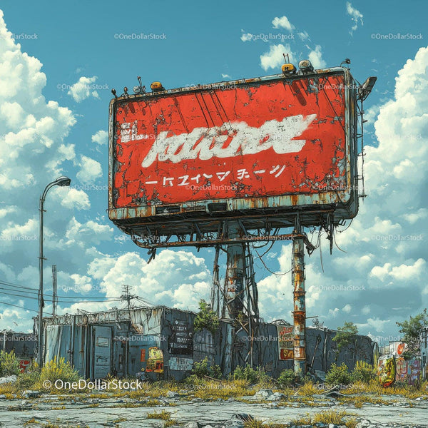 Rusty Red Billboard Above Overgrown Urban Ruins