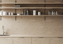 Contemporary Kitchen with Beige Terrazzo Countertop and Open Shelving