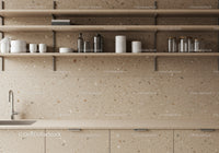 Contemporary Kitchen with Beige Terrazzo Countertop and Open Shelving