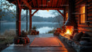 Rustic Log Cabin Porch Overlooking Tranquil Lake at Sunset