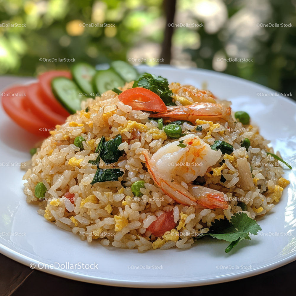 Delicious Shrimp Fried Rice with Fresh Vegetables on a Plate