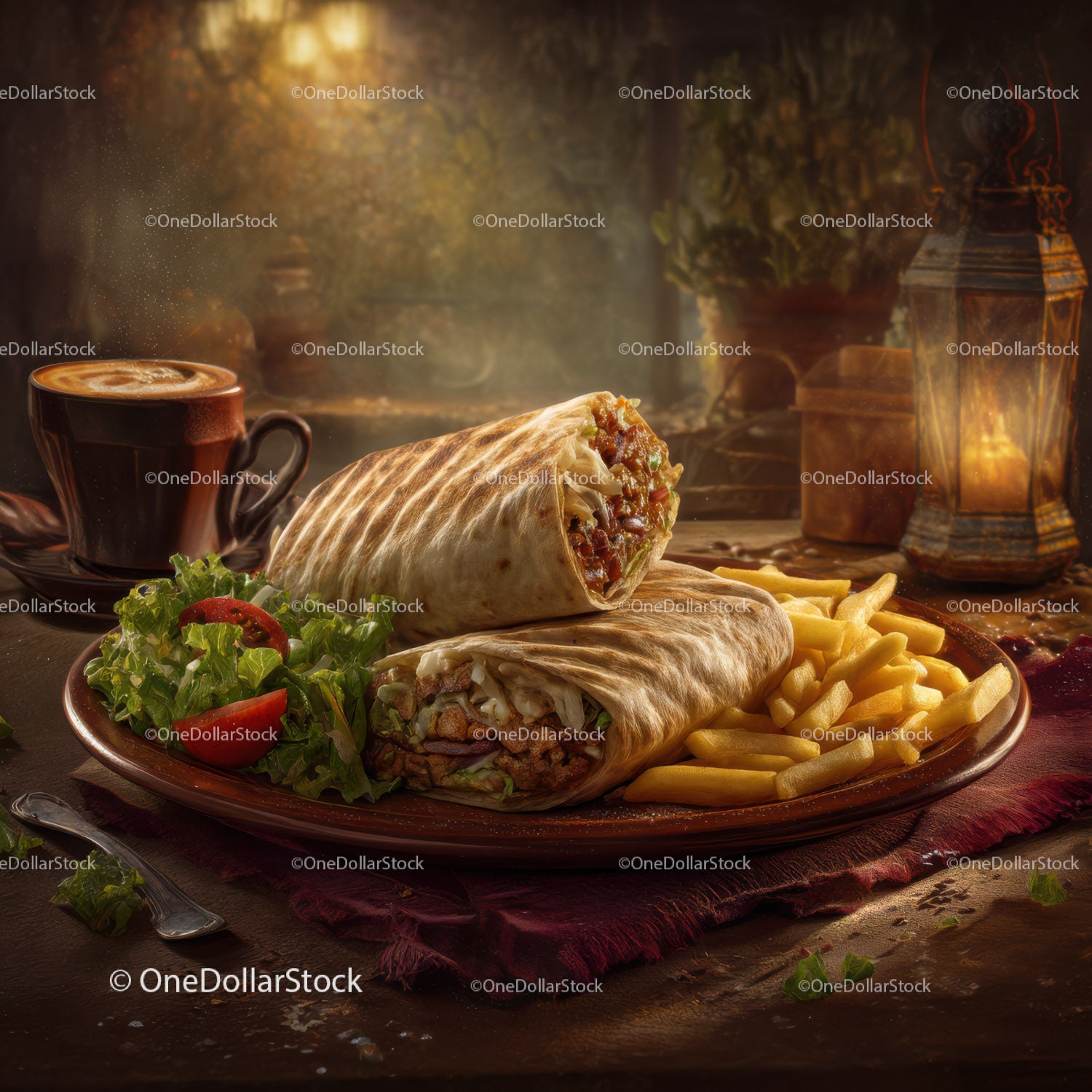 Warm and Delicious Burritos with French Fries and Coffee in Cozy Setting