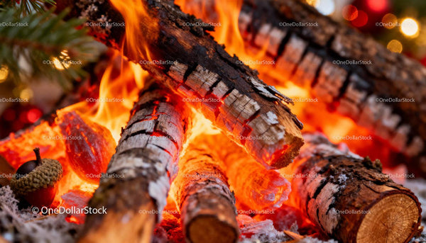 Close-up of glowing birch logs burning in warm fire