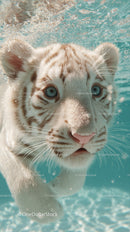 White tiger cub swimming underwater with piercing blue eyes