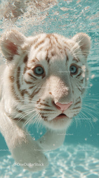 White tiger cub swimming underwater with piercing blue eyes