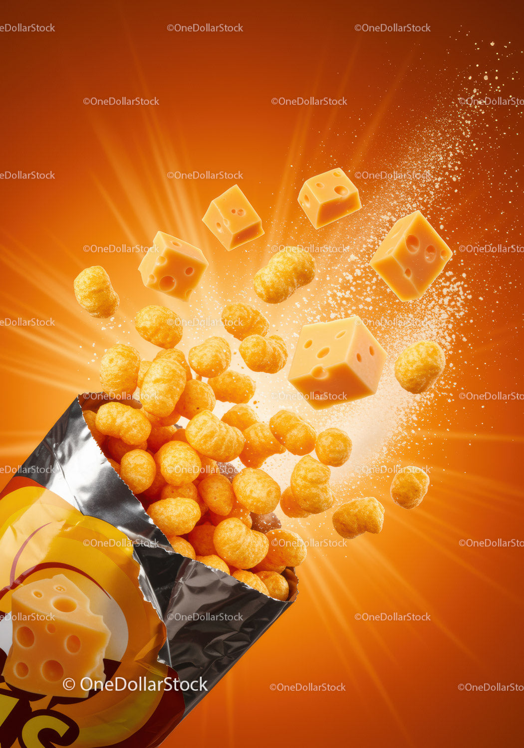 Cheese flavored puffed snacks bursting from bag