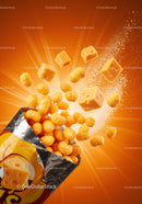 Cheese flavored puffed snacks bursting from bag