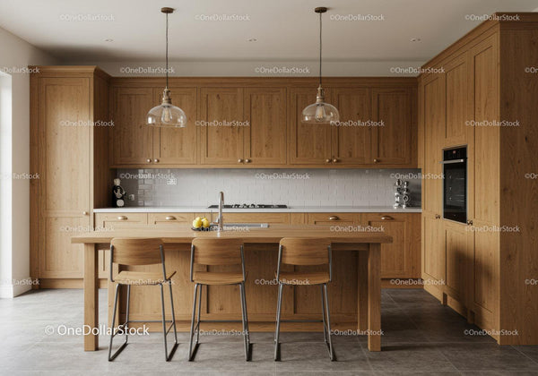 Contemporary Wooden Kitchen with Minimalist Design and Pendant Lights