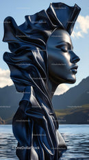 Elegant Metallic Female Head Sculpture Against Mountain and Water