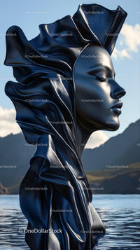 Elegant Metallic Female Head Sculpture Against Mountain and Water