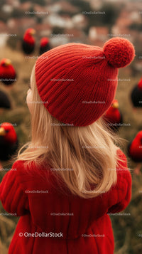 Red Knit Hat with Pompom and Red Coat in Autumn Field