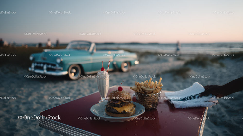 Beachside Vintage Car with Cheeseburger Fries and Milkshake Scene