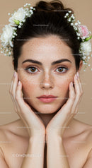 Portrait of a Woman with Freckles and Floral Headpiece