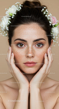 Portrait of a Woman with Freckles and Floral Headpiece