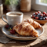 Delicious Croissants with Fresh Coffee and Berries on a Rustic Table