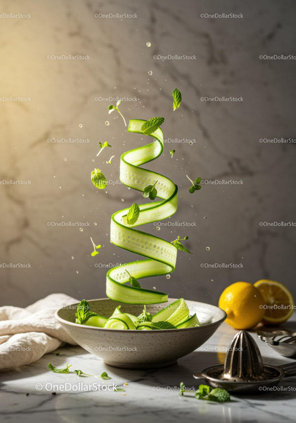 Fresh cucumber ribbon and mint herbs in ceramic bowl