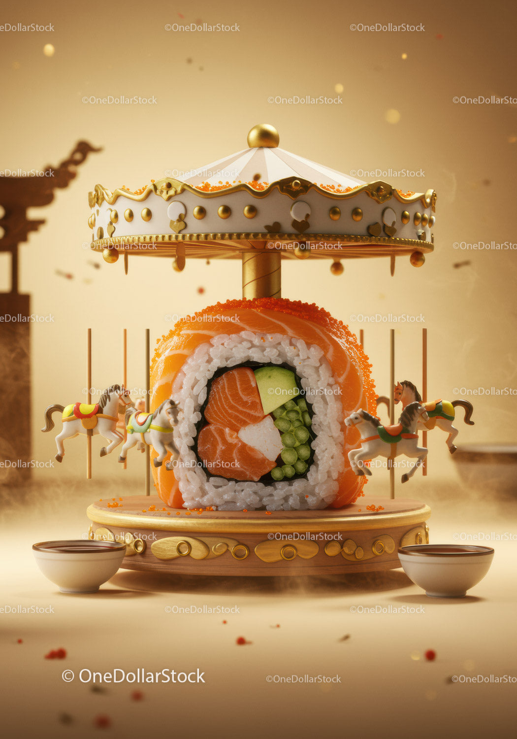 Creative sushi roll carousel with miniature horses