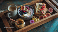 Fresh Fruit Toast with Berries and Lemon Slices on Wooden Tray