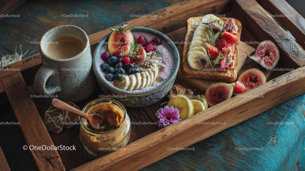 Fresh Fruit Toast with Berries and Lemon Slices on Wooden Tray
