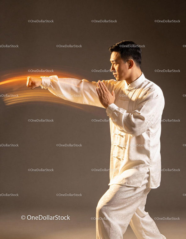 Man practicing traditional martial arts punch in white attire