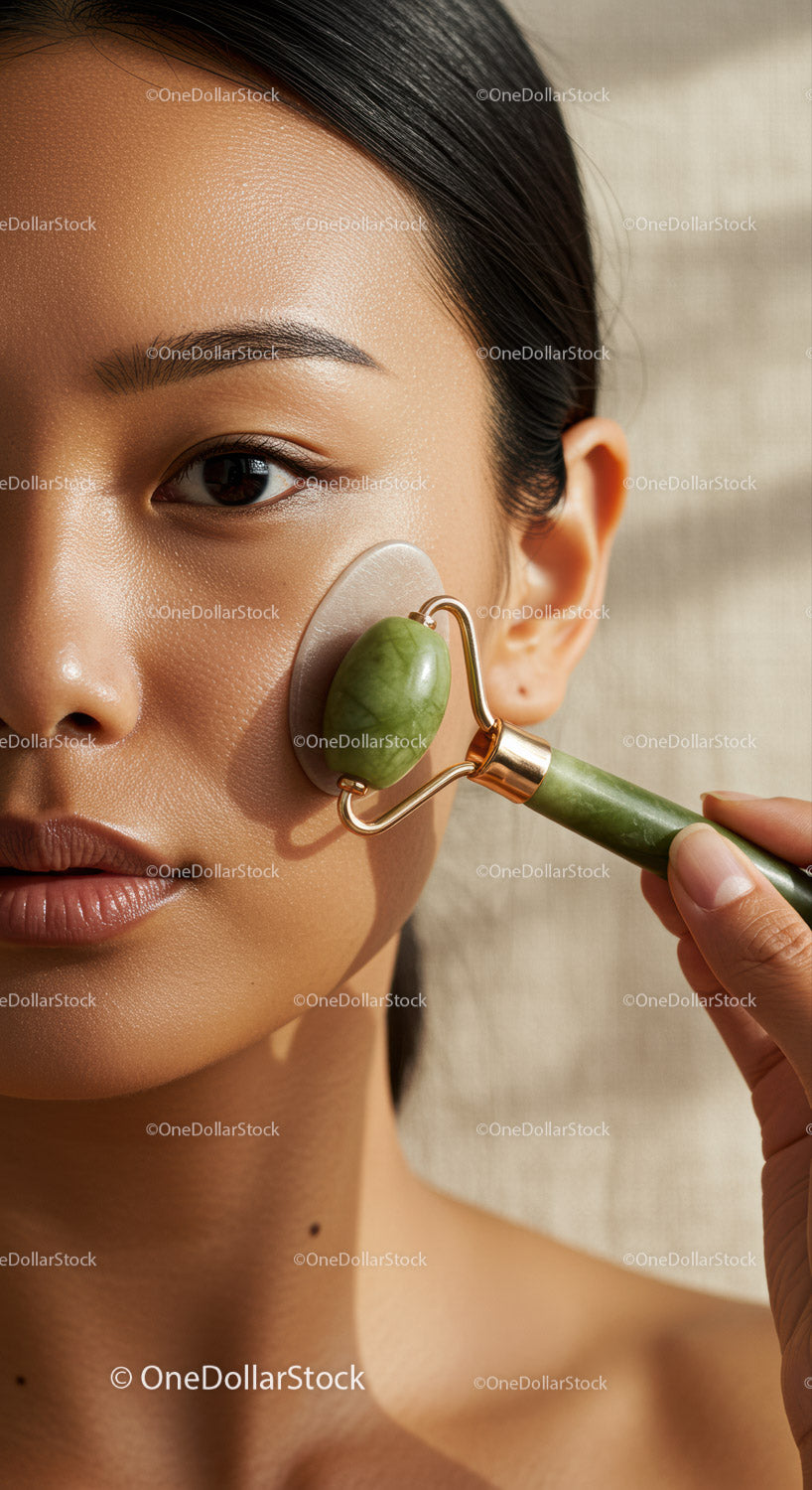 Close Up of Woman Using Jade Roller for Facial Massage Skincare