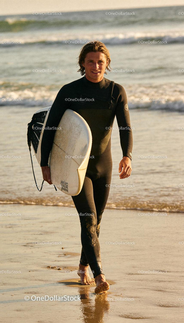 Surfer in wetsuit walking on beach at sunset