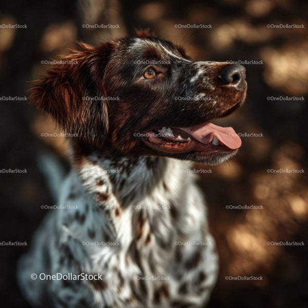 Brązowo-biały springer spaniel patrzący w górę w świetle słonecznym