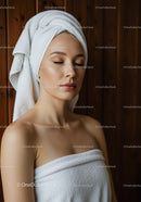 Relaxing Woman with Towel Wrap in Spa Setting for Skincare and Wellness