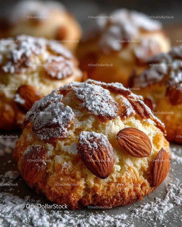 Almond Cookies with Powdered Sugar and Nut Toppings