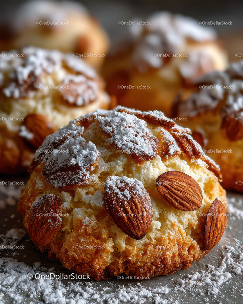 Almond Cookies with Powdered Sugar and Nut Toppings