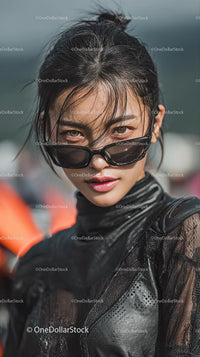Confident Young Woman in Stylish Black Outfit and Sunglasses