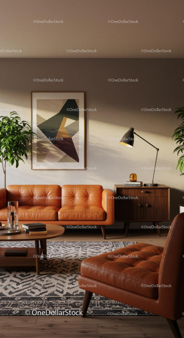 Warm mid-century living room with leather sofa and armchair