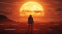 Astronaut Standing on Alien Planet with Large Sun Setting Behind