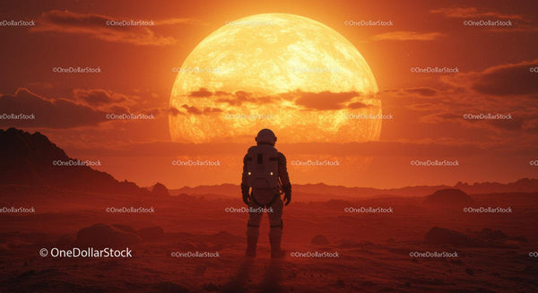 Astronaut Standing on Alien Planet with Large Sun Setting Behind Stock Photo Bundle (36 JPG Files)