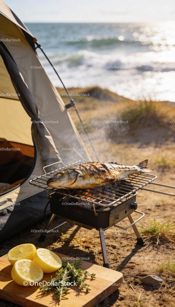 Grillowana Ryba na Przenośnym Grillu BBQ Przy Plaży