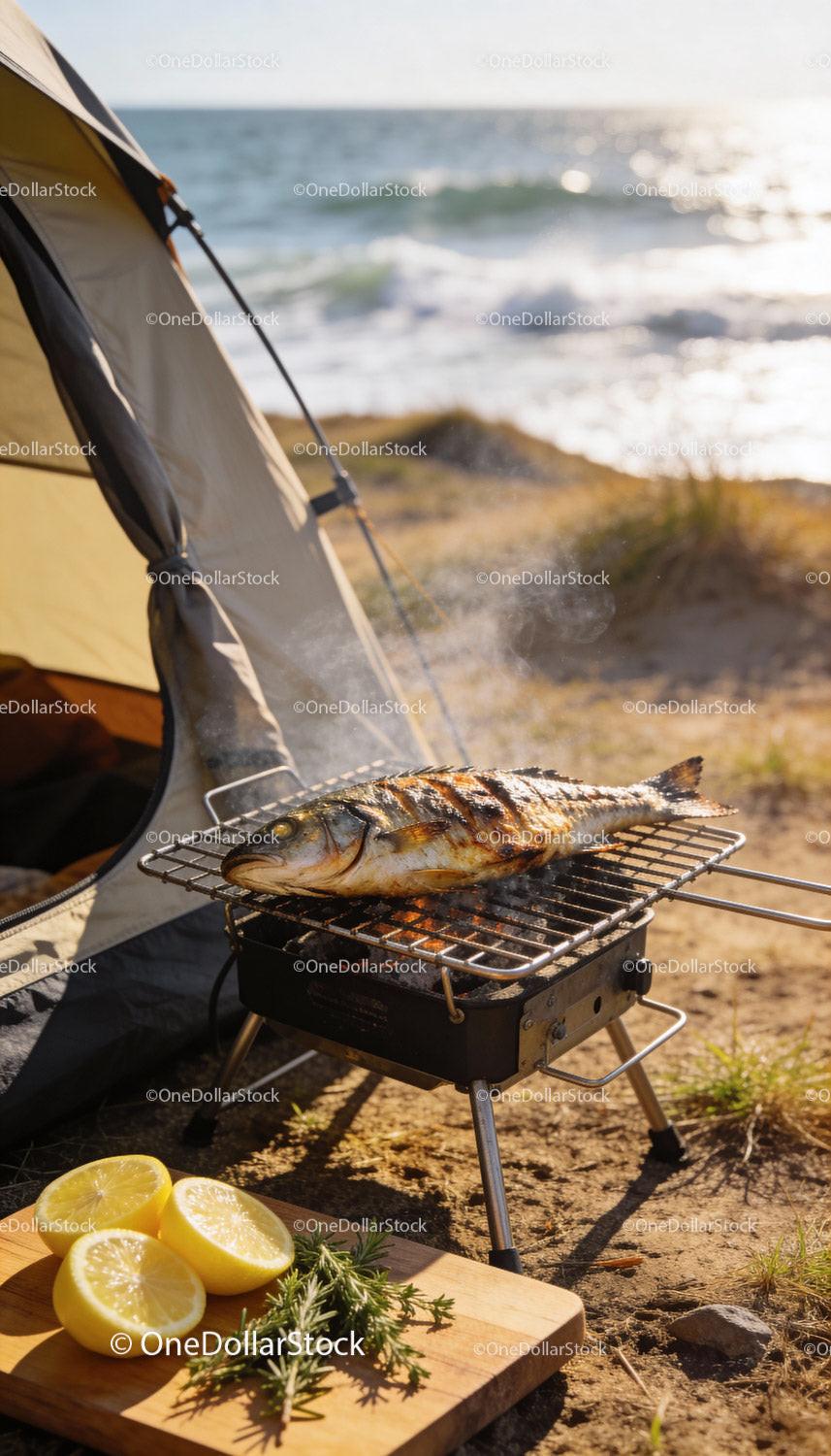 Grilled Fish Cooking on Portable BBQ by the Beach
