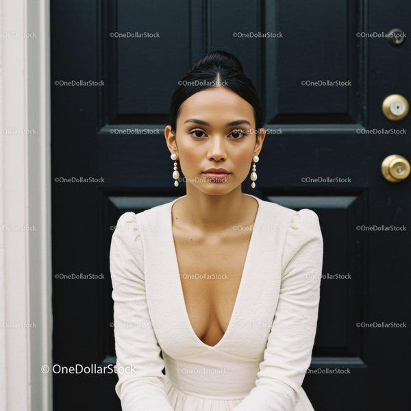 Elegant woman wearing white dress and pearl earrings