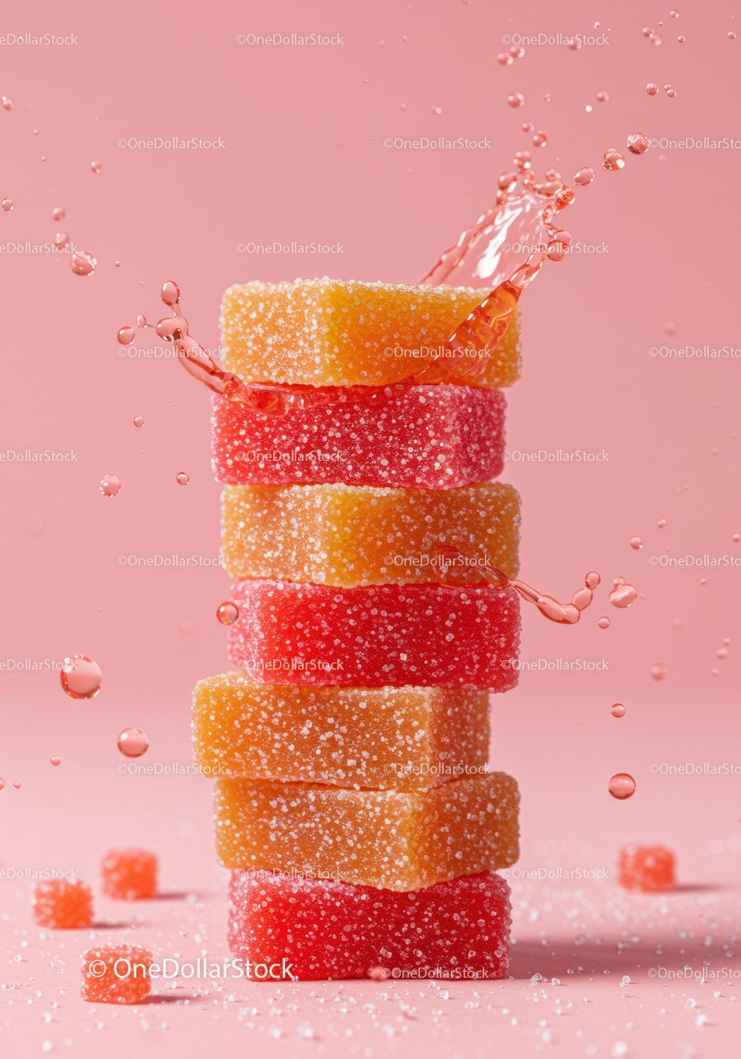 Stack of colorful sugar coated jelly candies with splash