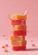 Stack of colorful sugar coated jelly candies with splash