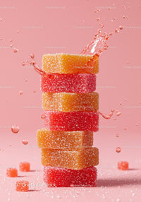 Stack of colorful sugar coated jelly candies with splash