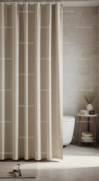 Modern Bathroom with Beige Curtains and Minimalist Decor