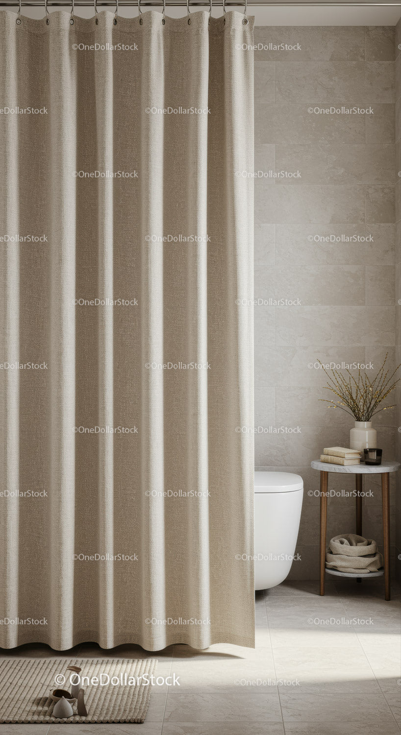 Modern Bathroom with Beige Curtains and Minimalist Decor